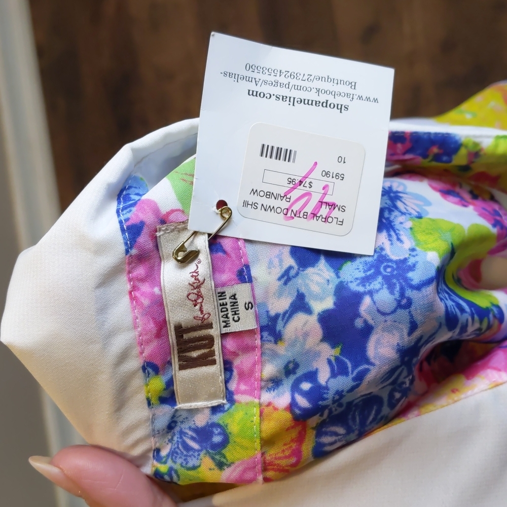 Floral Print Button-Up Blouse - White with Pink, Yellow & Blue - Picture 6 of 8